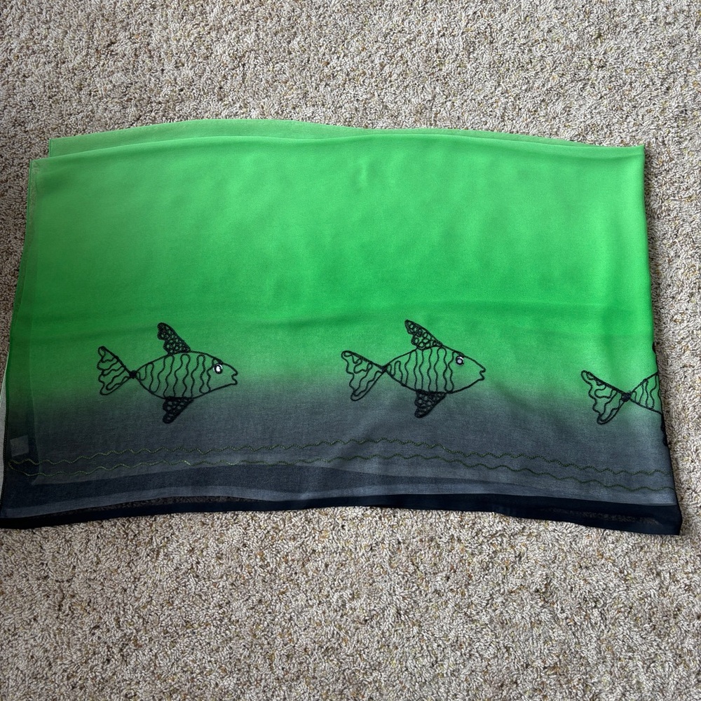 Cleopatra Green Embroidered Fish Scarf